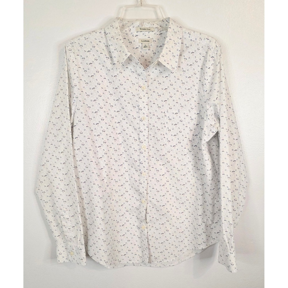 LL Bean Wrinkle Free Button Down Shirt Womens Large White Floral Long Sleeve L